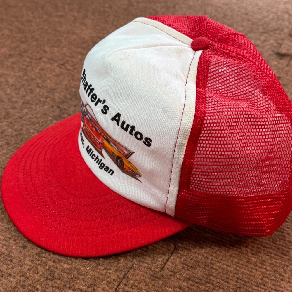 Vintage IDEA Inc Don Shaffer's Autos Trucker Hat Michigan Red White Snapback USA